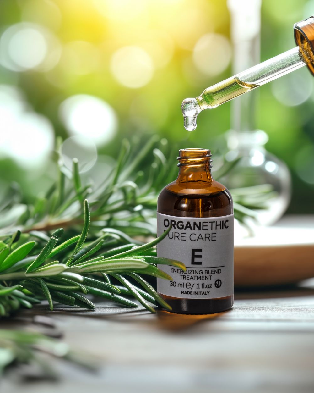 A dropper of OPC Energizing Blend oil above the bottle, surrounded by fresh rosemary