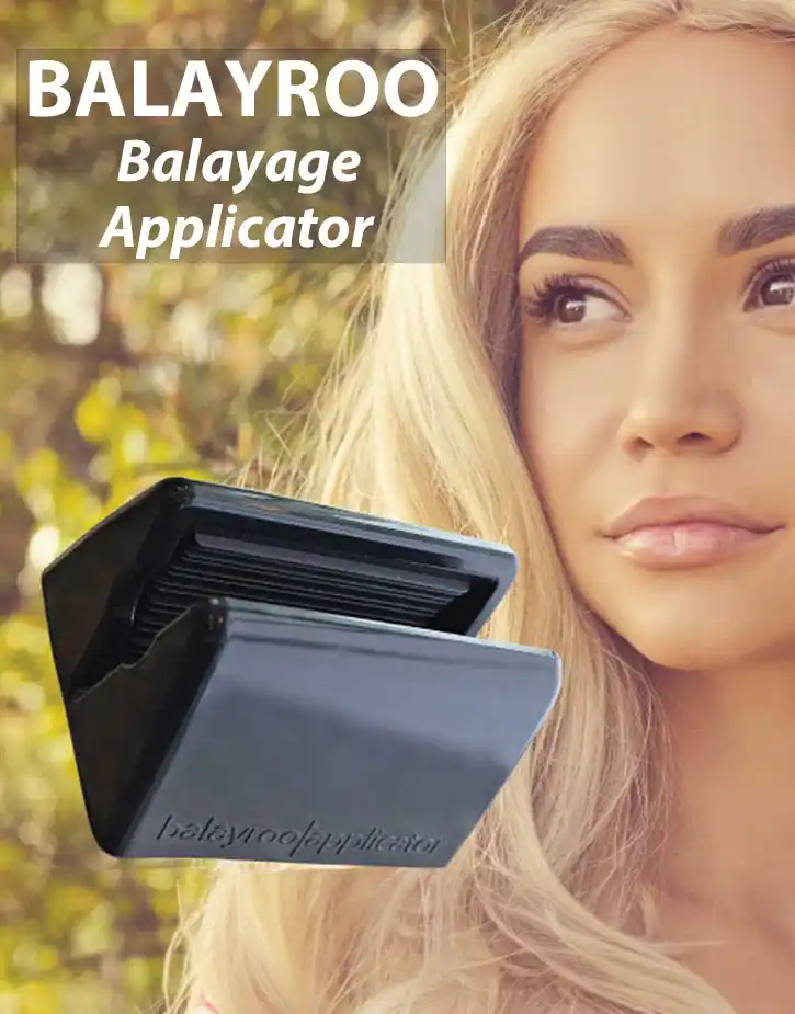 girl with blonde hair and balayage applicator tool for hairdressers.