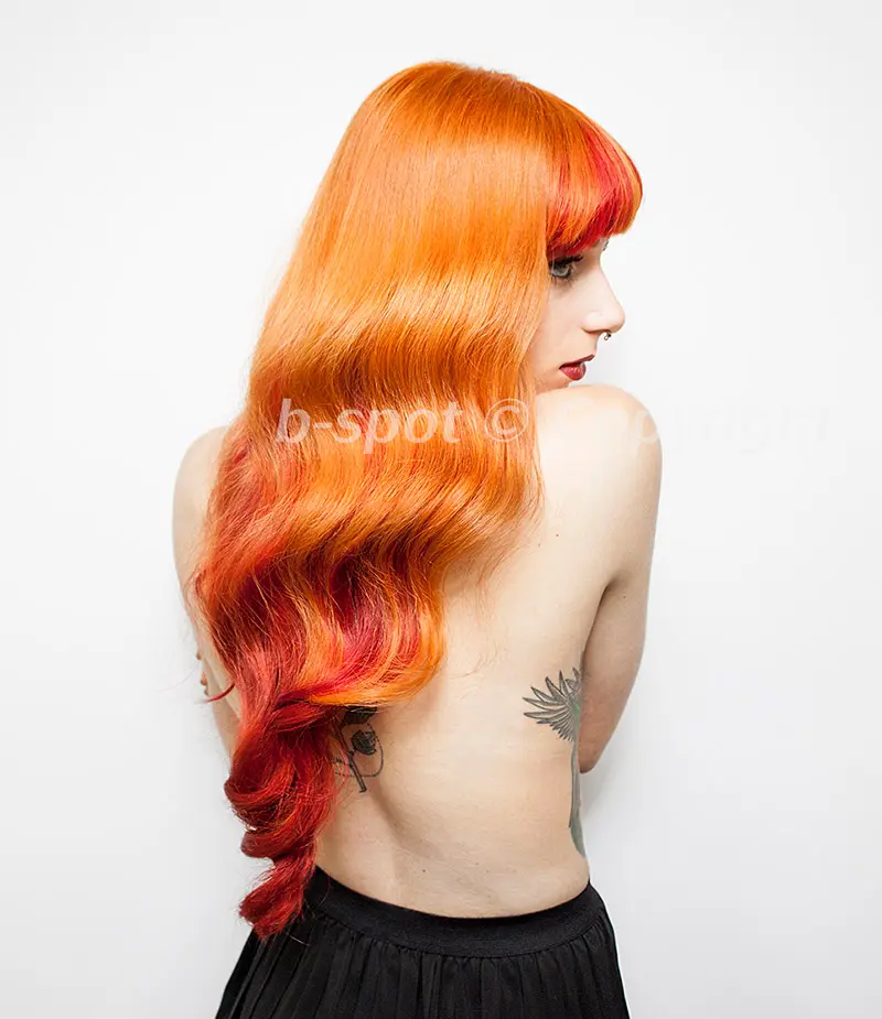 10 minute hair colour -woman with long gold, yellow and red hair
