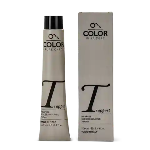 Tube and box of OPC T-support assistance for hair colourists.