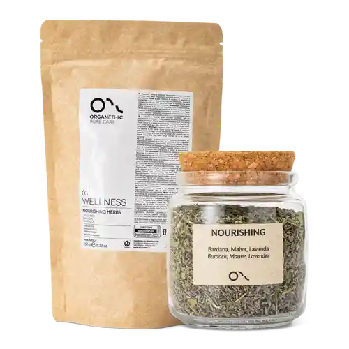 Dried nourishing herb blend for scalp treatment.