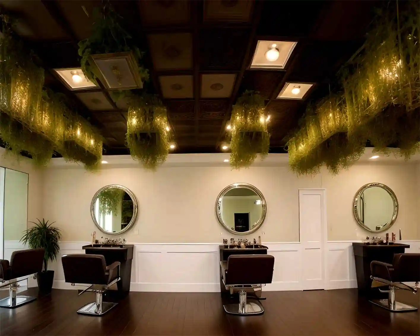 Organic Hair salon with mirrors, plants and chairs.