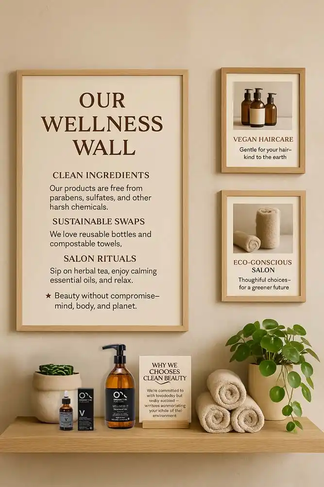 Wellness wall in a clean, minimalist salon with eco-friendly products.
