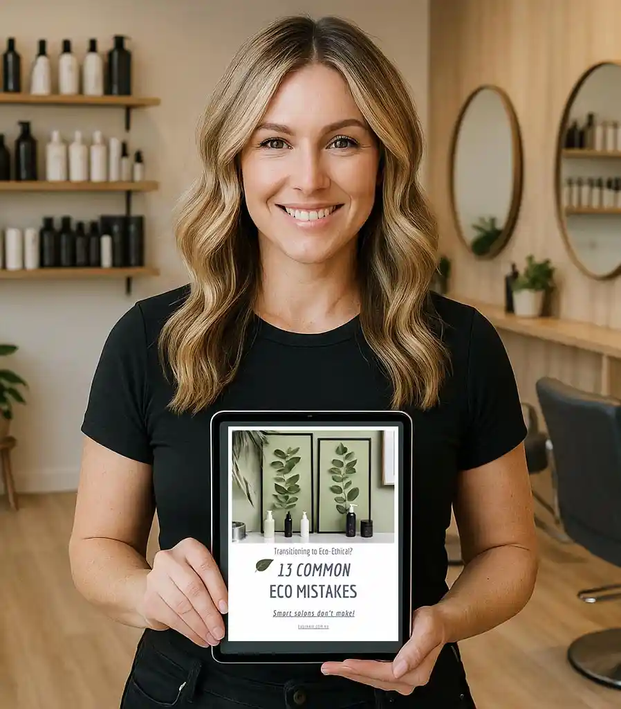 smiling hairdresser with 13-eco mistakes smart salons dont make guide.